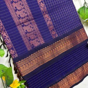 Indigo Checks Raga Kalyani Cotton Saree with Royal Blue Border