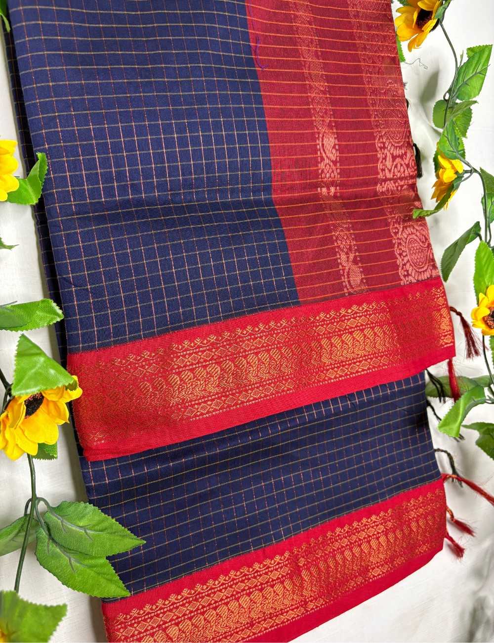 Navy Blue Checks Kalyani Cotton Saree with Red Border