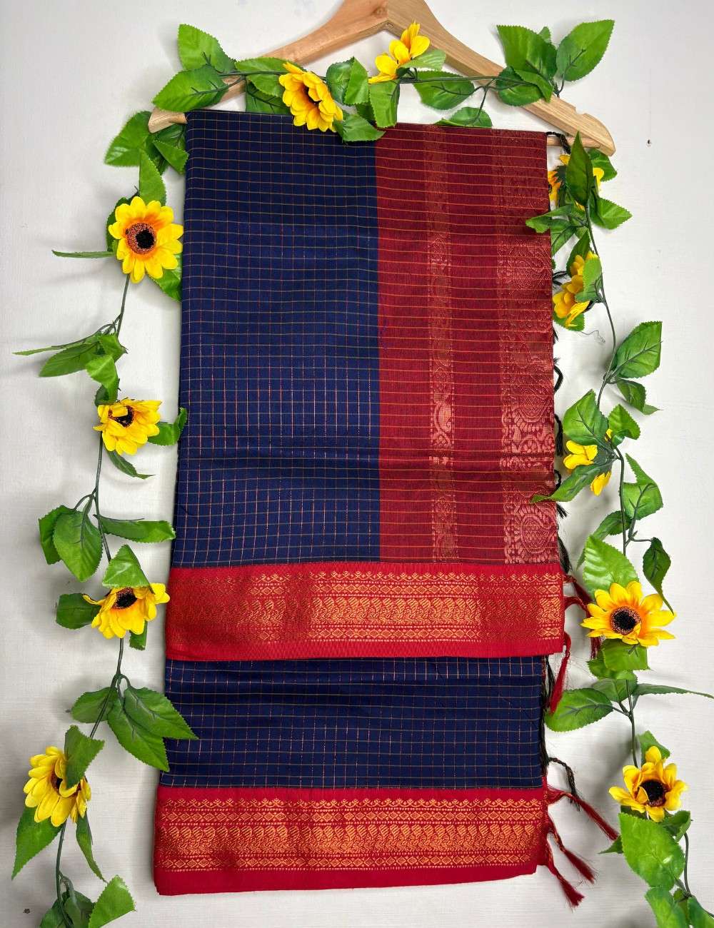 Navy Blue Checks Kalyani Cotton Saree with Red Border
