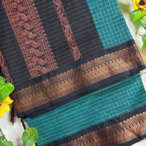 Blue Checks Kalyani Cotton Saree with Black Border