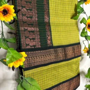 Lime Yellow Checks Kalyani Cotton Saree with Bottle Green Border