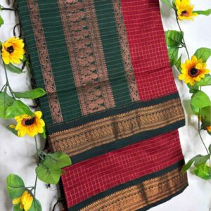 Red Checks Kalyani Cotton Saree with Bottle Green Border