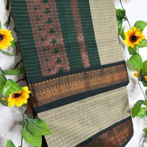 Beige-Green Checks Kalyani Cotton Saree with Bottle Green Border