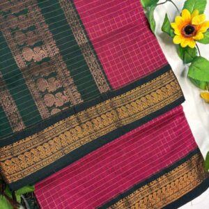 Deep Pink Checks Kalyani Cotton Saree with Bottle Green Border