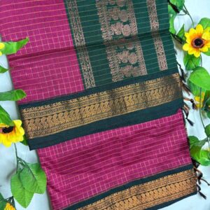 Deep Magenta Checks Kalyani Cotton Saree with Bottle Green Border