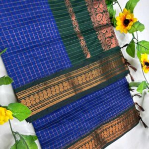 Indigo Checks Kalyani Cotton Saree with Bottle Green Border