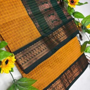 Mustard Yellow Checks Kalyani Cotton Saree with Bottle Green Border