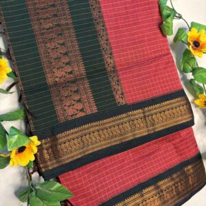 Dusky Pink Checks Kalyani Cotton Saree with Bottle Green Border