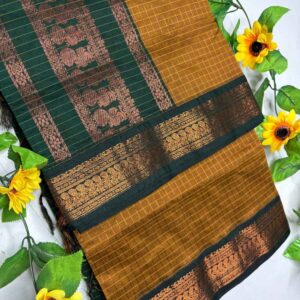 Mustard Brown Checks Kalyani Cotton Saree with Bottle Green Border