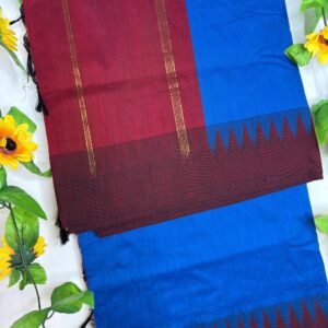 1. Blue Body & Maroon Border Raga Kalyani Cotton Saree