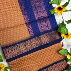 Golden Brown Checks Raga Kalyani Cotton Saree with Royal Blue Border