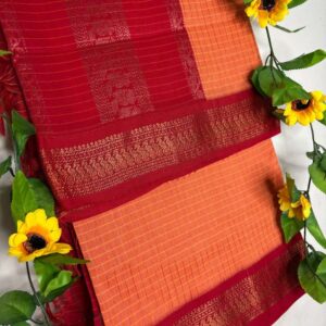 Bright Orange Checks Kalyani Cotton Saree with Red Border