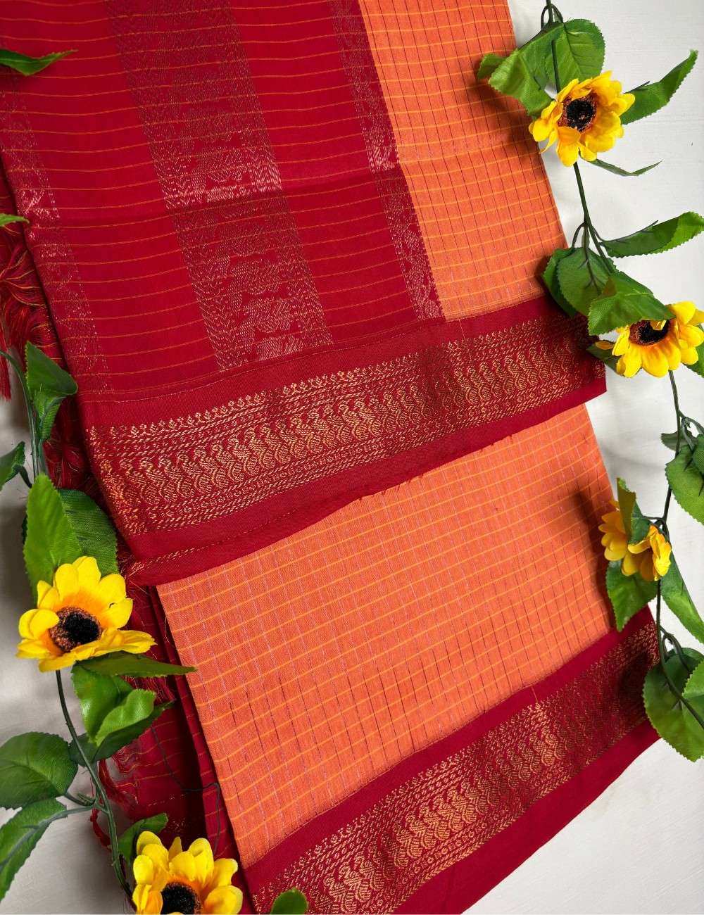 Bright Orange Checks Kalyani Cotton Saree with Red Border