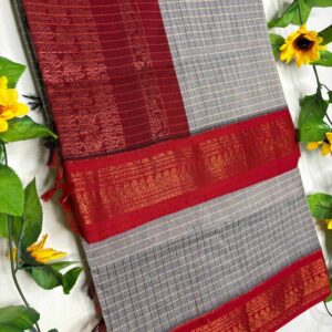 Grey Checks Kalyani Cotton Saree with Red Border