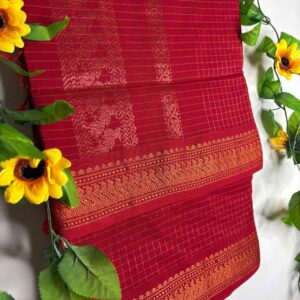 Deep Red Checks Kalyani Cotton Saree with Red Border