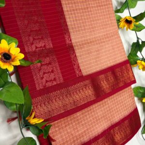 Peach-Red Checks Kalyani Cotton Saree with Red Border
