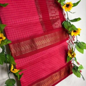 Tomato Pink Checks Kalyani Cotton Saree with Red Border