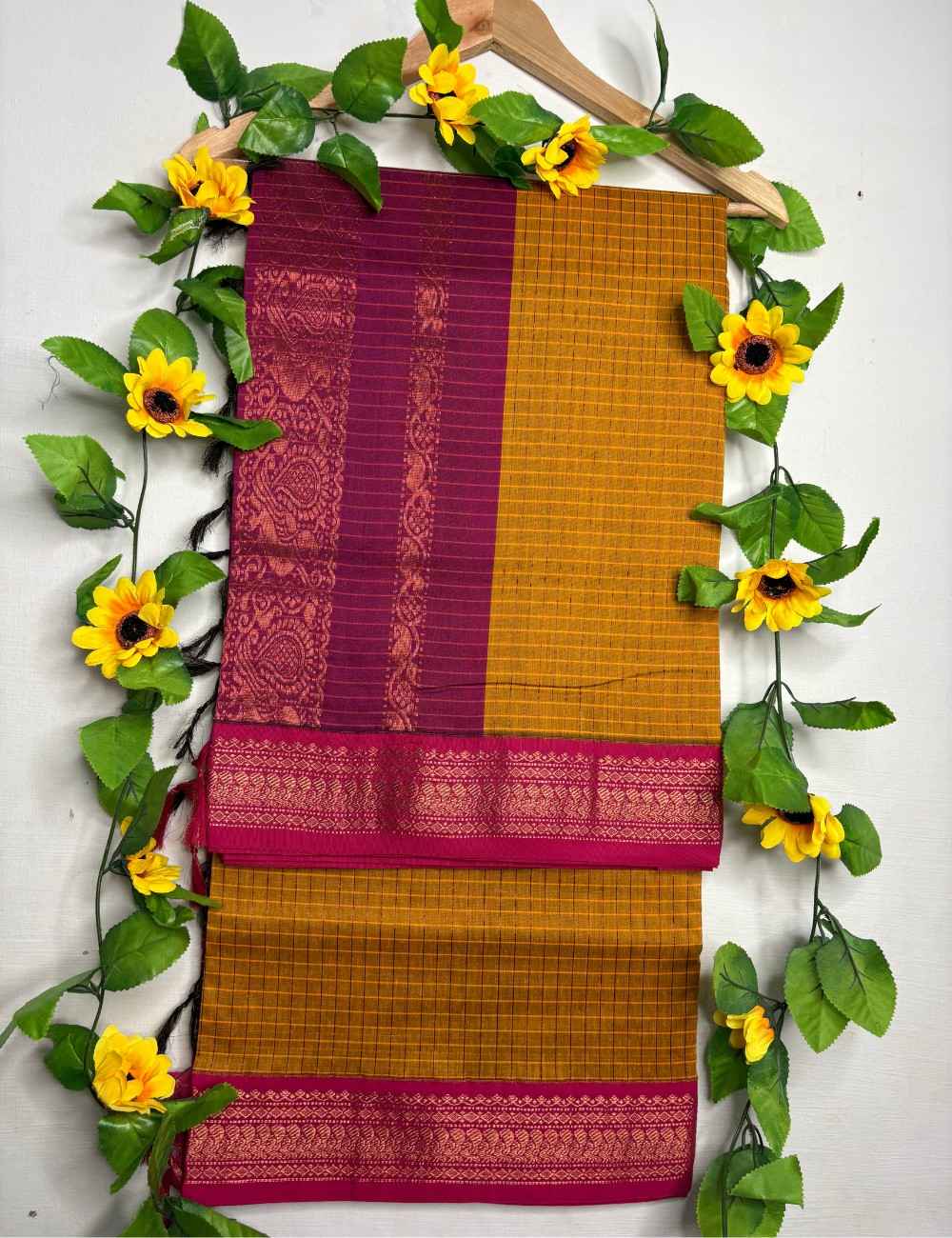 Mustard Yellow Checks Kalyani Cotton Saree with Deep Pink Border