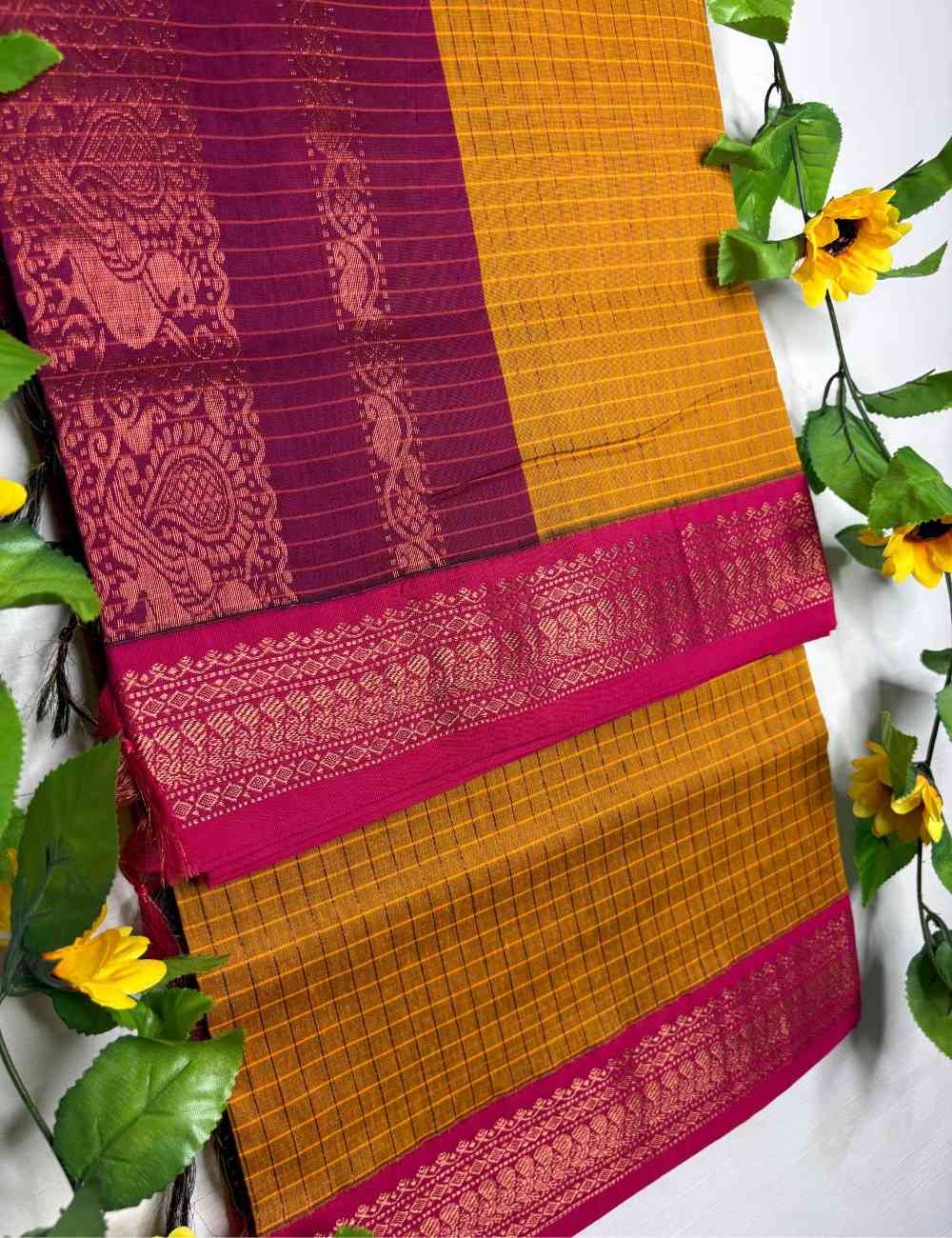 Mustard Yellow Checks Kalyani Cotton Saree with Deep Pink Border