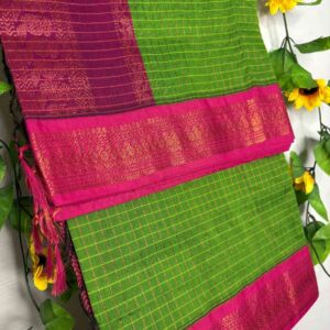 Green Checks Kalyani Cotton Saree with Deep Pink Border