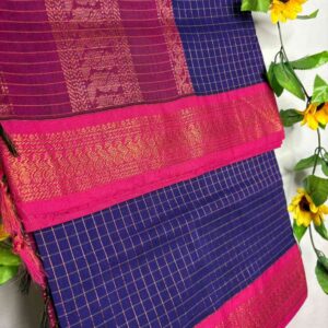 Deep Blue Checks Kalyani Cotton Saree with Deep Pink Border