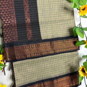 Beige Checks Kalyani Cotton Saree with Black Border