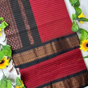 Red Checks Kalyani Cotton Saree with Black Border