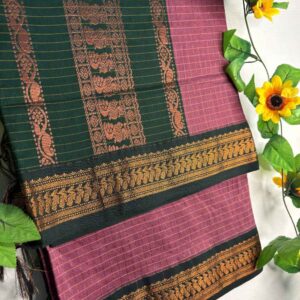 Rani Pink Checks Kalyani Cotton Saree with Bottle Green Border