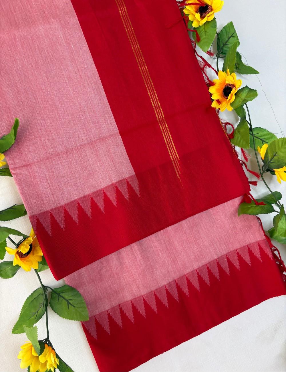 Lotus Pink Body & Red Border Raga Kalyani Cotton Saree