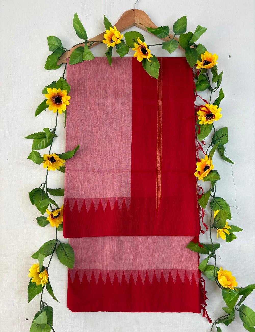 Lotus Pink Body & Red Border Raga Kalyani Cotton Saree