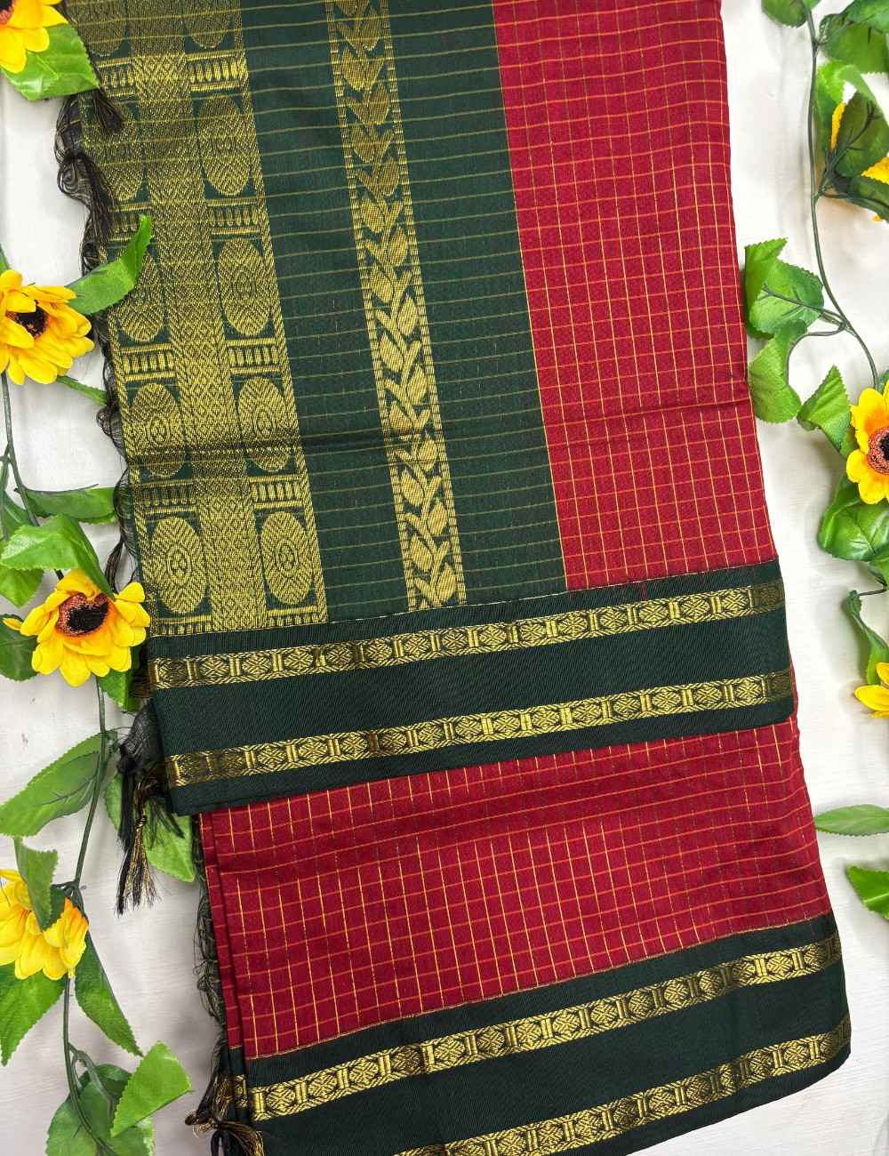Rich Red Checks Kalyani Cotton Saree with Rettapet Green Blouse