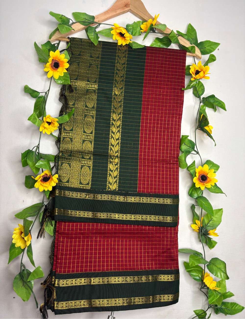 Rich Red Checks Kalyani Cotton Saree with Rettapet Green Blouse