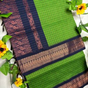 Green Checks Kalyani Cotton Saree with Rettapet Green Blouse