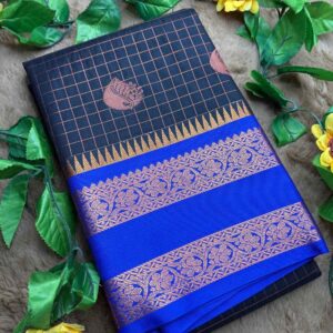 Mathi-Black and  Blue Vegan Kanchipuram Saree with Vaira Oosi Checks and Rettapet Border