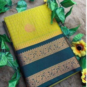 Ponni- Yellow Vegan Kanchipuram Saree with Green Rettapet Border and Golden Motifs