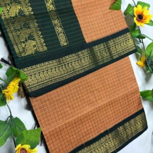 Ganga-Rust Orange Checks Saree with Green Zari Border