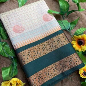 Nilaa- White Premium Semi Kanchi Silk Saree with Teal Green Border and Golden Zari Work