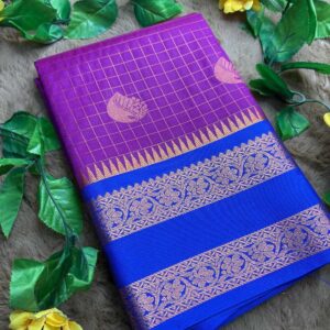 Thendral-Purple and Royal Blue Semi-Kanchi saree with Vaira Oosi Checks and Rettapet Border