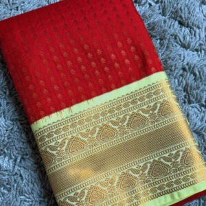 Red 1000 Buttas Lakshadeepam Semi Kanchi Silk Saree with Cream Pallu & Gold Zari