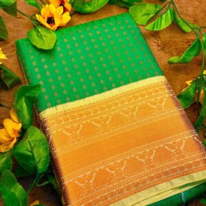 Green 1000 Buttas Lakshadeepam Semi Kanchi Silk Saree with Cream Pallu & Gold Zari