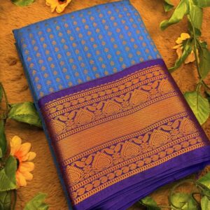 Blue 1000 Buttas Lakshadeepam Semi Kanchi Silk Saree with Royal Blue Border & Gold Zari