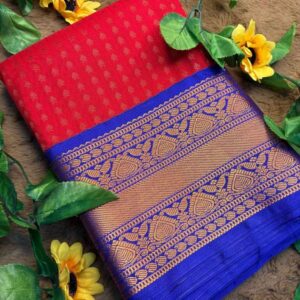 Red & Royal Blue 1000 Buttas Lakshadeepam Semi Kanchi Silk Saree with Gold Zari Border