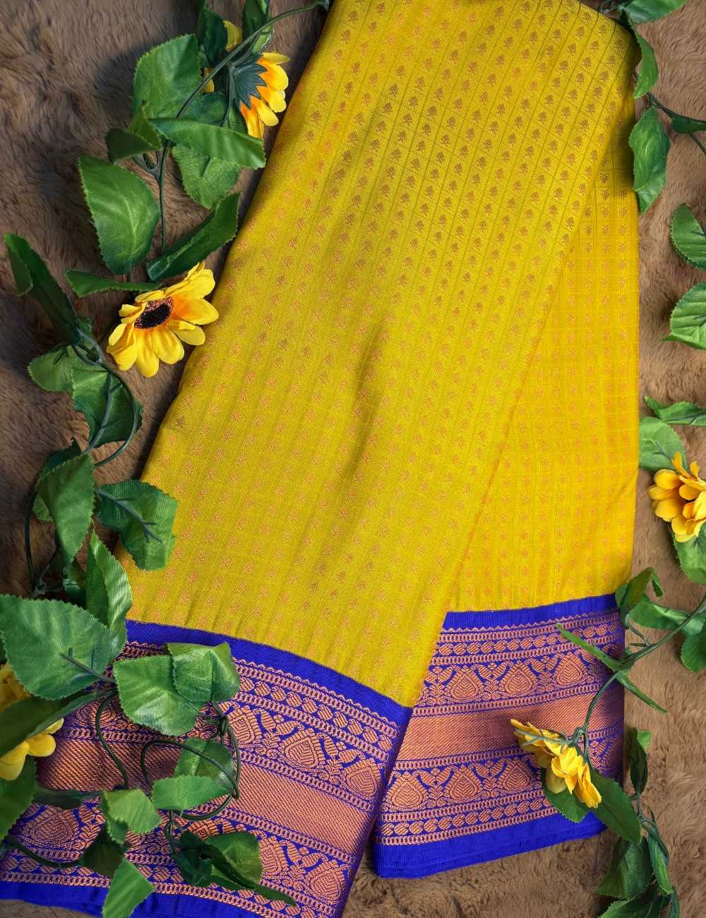 Yellow 1000 Buttas Lakshadeepam Semi Kanchi Silk Saree with Royal Blue Border & Gold Zari