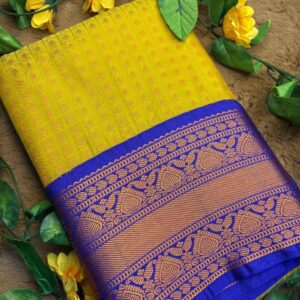Yellow 1000 Buttas Lakshadeepam Semi Kanchi Silk Saree with Royal Blue Border & Gold Zari