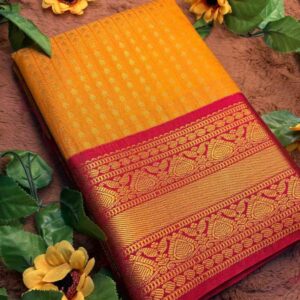 Sunflower Yellow 1000 Buttas Lakshadeepam Semi Kanchi Silk Saree with Maroon Border & Gold Zari