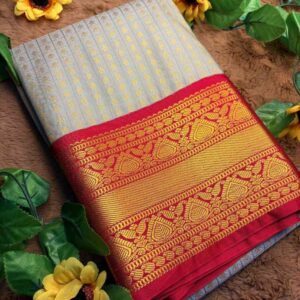 Light Grey 1000 Buttas Lakshadeepam Semi Kanchi Silk Saree with Maroon Border & Gold Zari