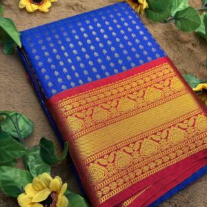 Royal Blue 1000 Buttas Lakshadeepam Semi Kanchi Silk Saree with Maroon Border & Gold Zari