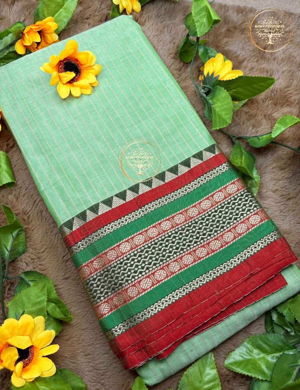 Shanvi-Narayanpet Mint Green Stripes Cotton Saree