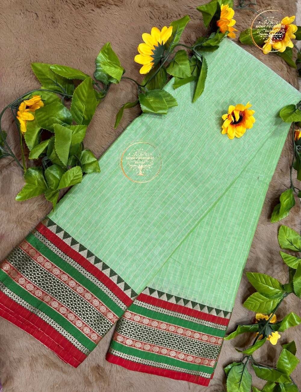 Shanvi-Narayanpet Mint Green Stripes Cotton Saree - Image 2