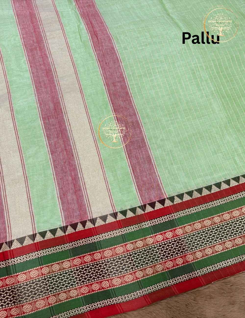 Shanvi-Narayanpet Mint Green Stripes Cotton Saree - Image 3